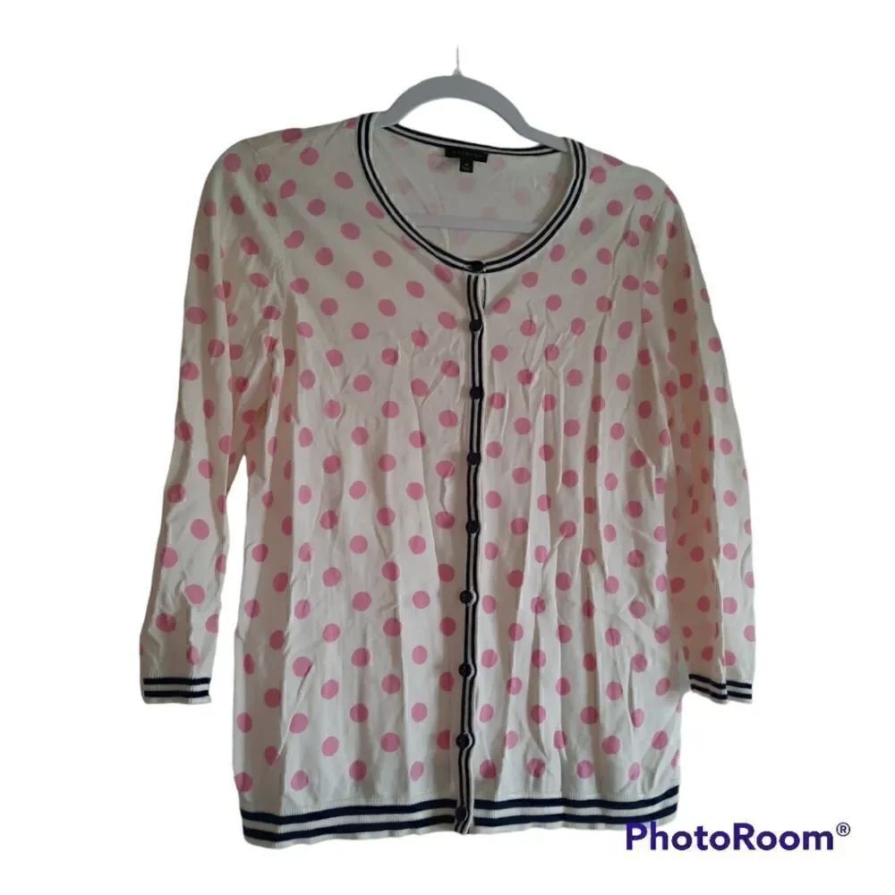 TALBOTS Cardigan Sweater Lightweight Pink White Polka Dot 3/4 Sleeves